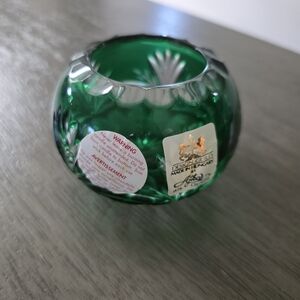 AJKA Crystal Design Guild Emerald Green Cut to Clear Lead Crystal Votive Holder